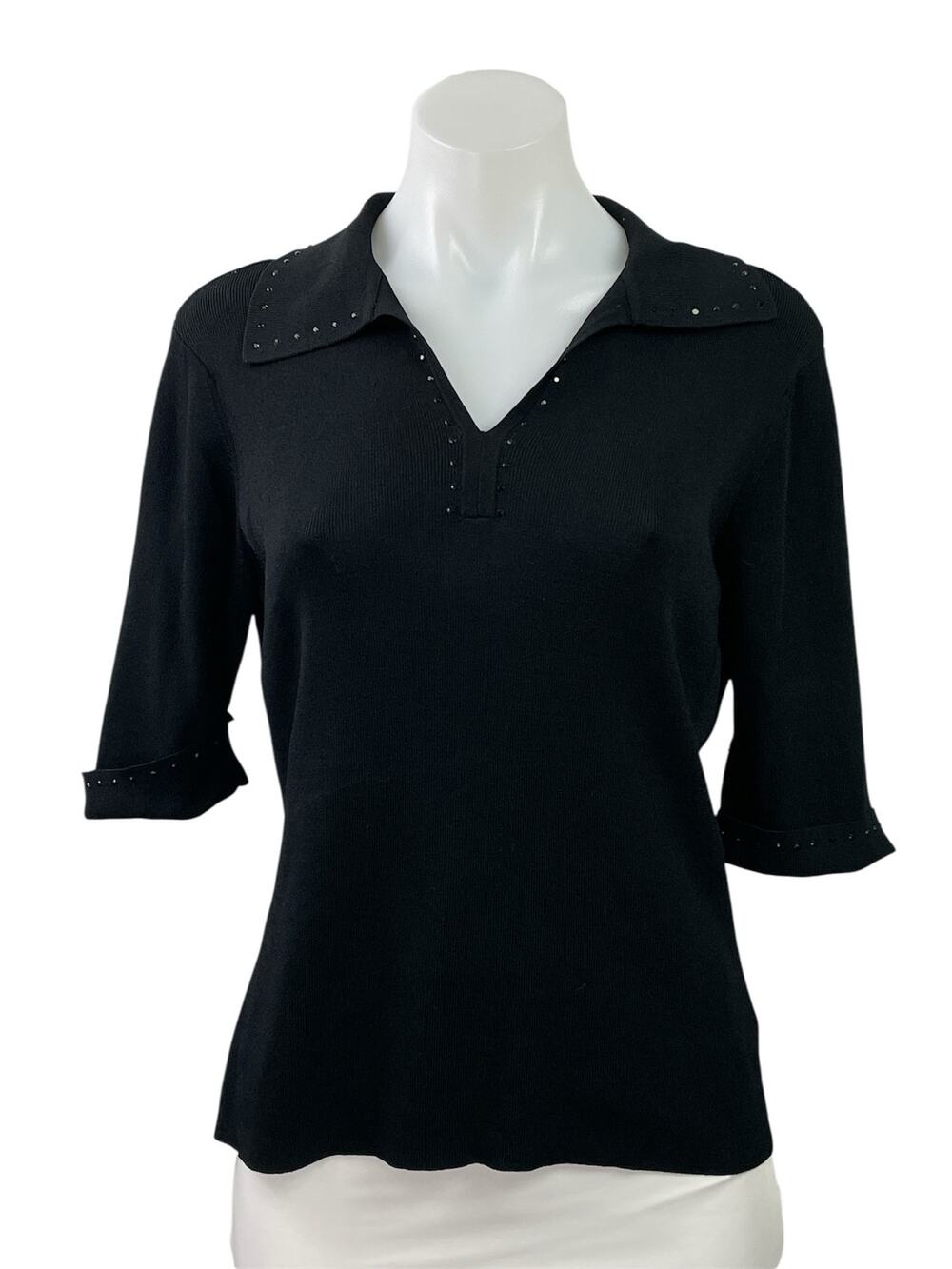 Ruby Cho Womens Black Rhinestone Knit Collared Half Sleeve Polo Shirt Top Size L